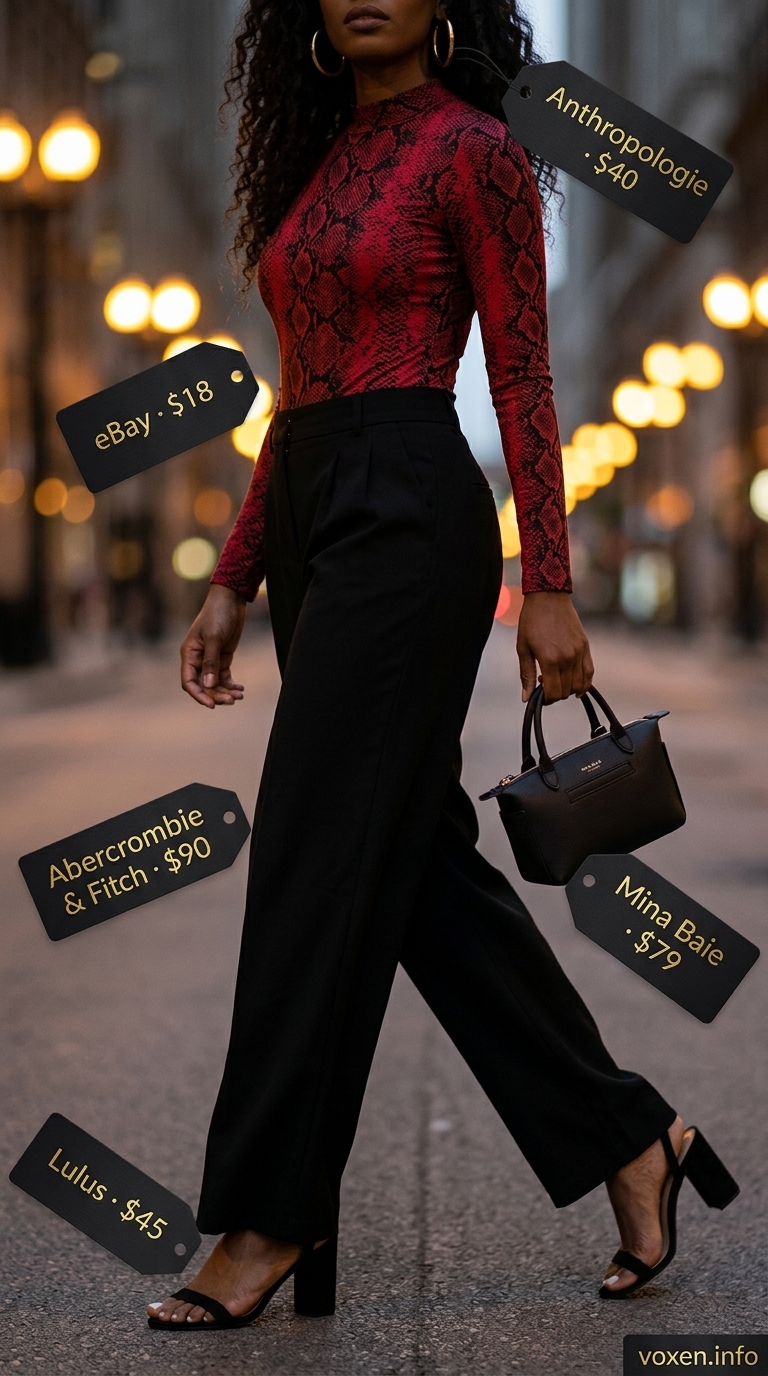 Animal print summer outfits for women 2026: Red snake print crop top, black wide-leg trousers, gold hoops for sunset cocktails.