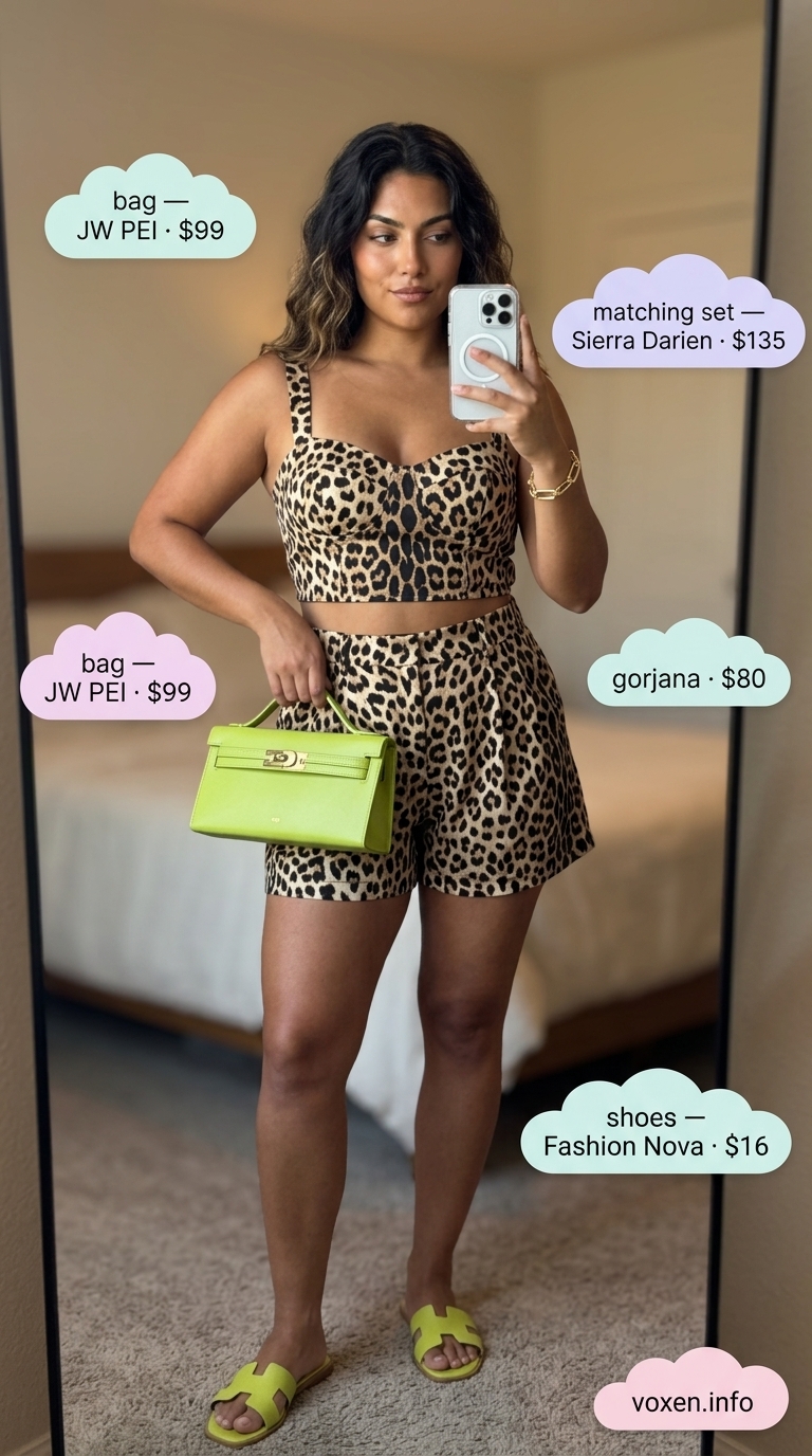Animal print summer outfits for women 2026: Leopard matching set, lime green accessories for a tropical poolside statement.