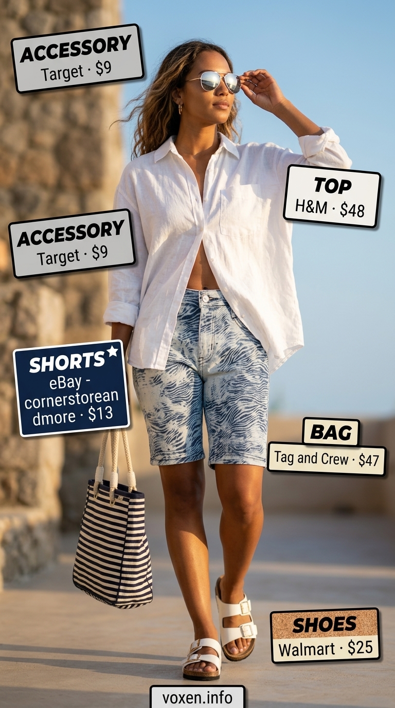 Animal print summer outfits for women 2026: Blue zebra denim shorts, white linen shirt, aviators for beach brunch.