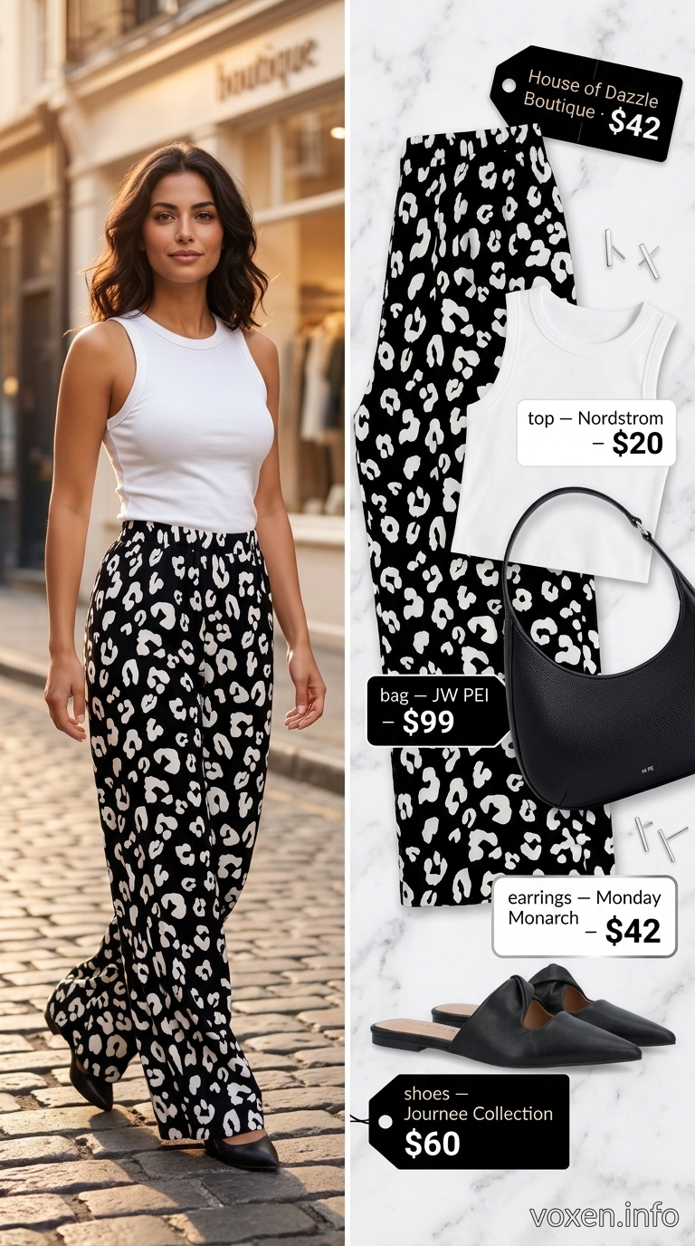 Animal print summer outfits for women 2026: Zebra palazzo pants, white tank, mules for city exploration.