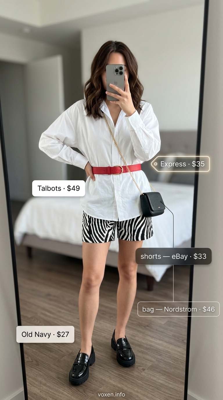 Animal print summer outfits for women 2026: Zebra shorts, white shirt, red belt, loafers for city sightseeing.