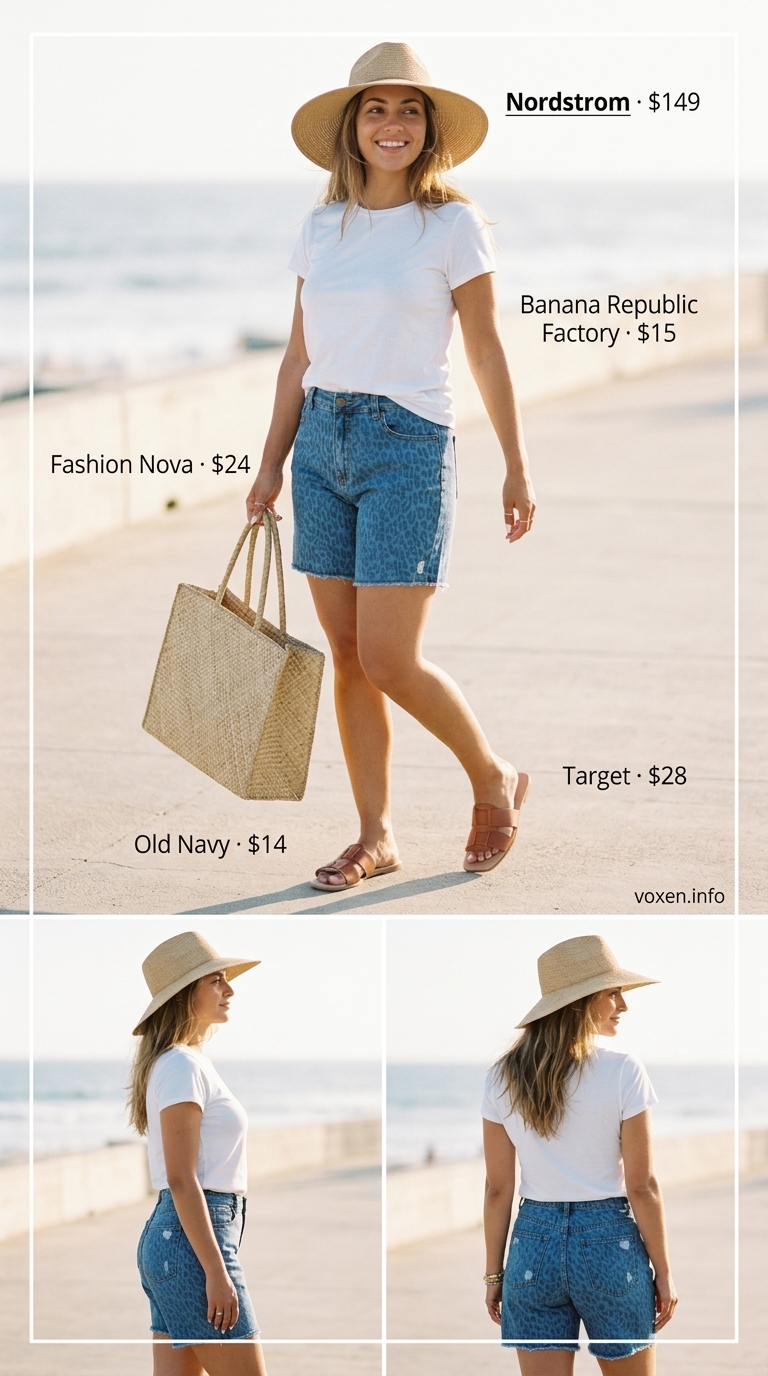 Leopard print denim shorts with t-shirt for animal print summer outfits for women 2026.