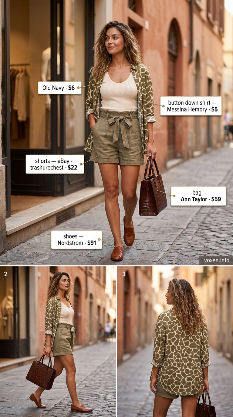 Snake print button-down shirt with shorts for animal print summer outfits for women 2026.