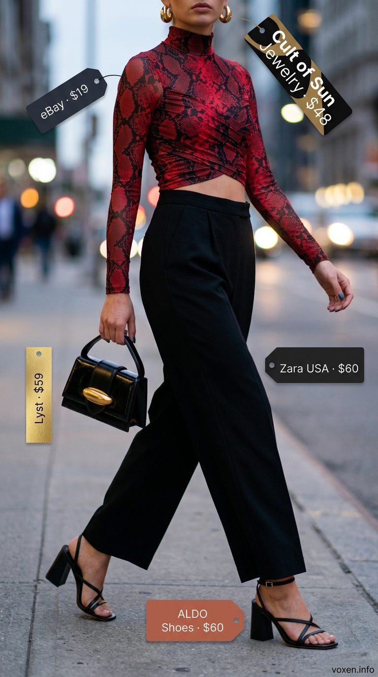 Snake print crop top with wide-leg trousers for animal print summer outfits for women 2026.