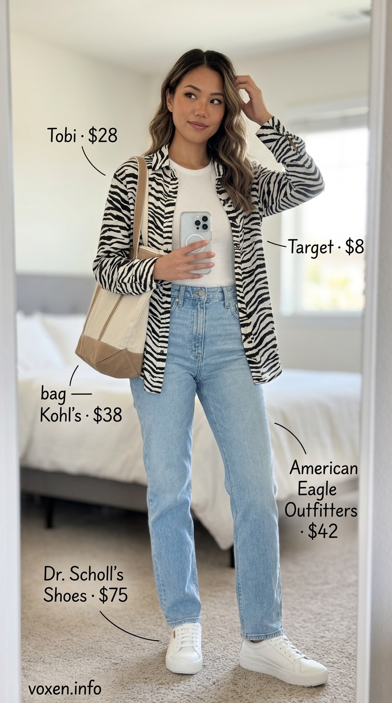 Zebra print button-down shirt with jeans for animal print summer outfits for women 2026.
