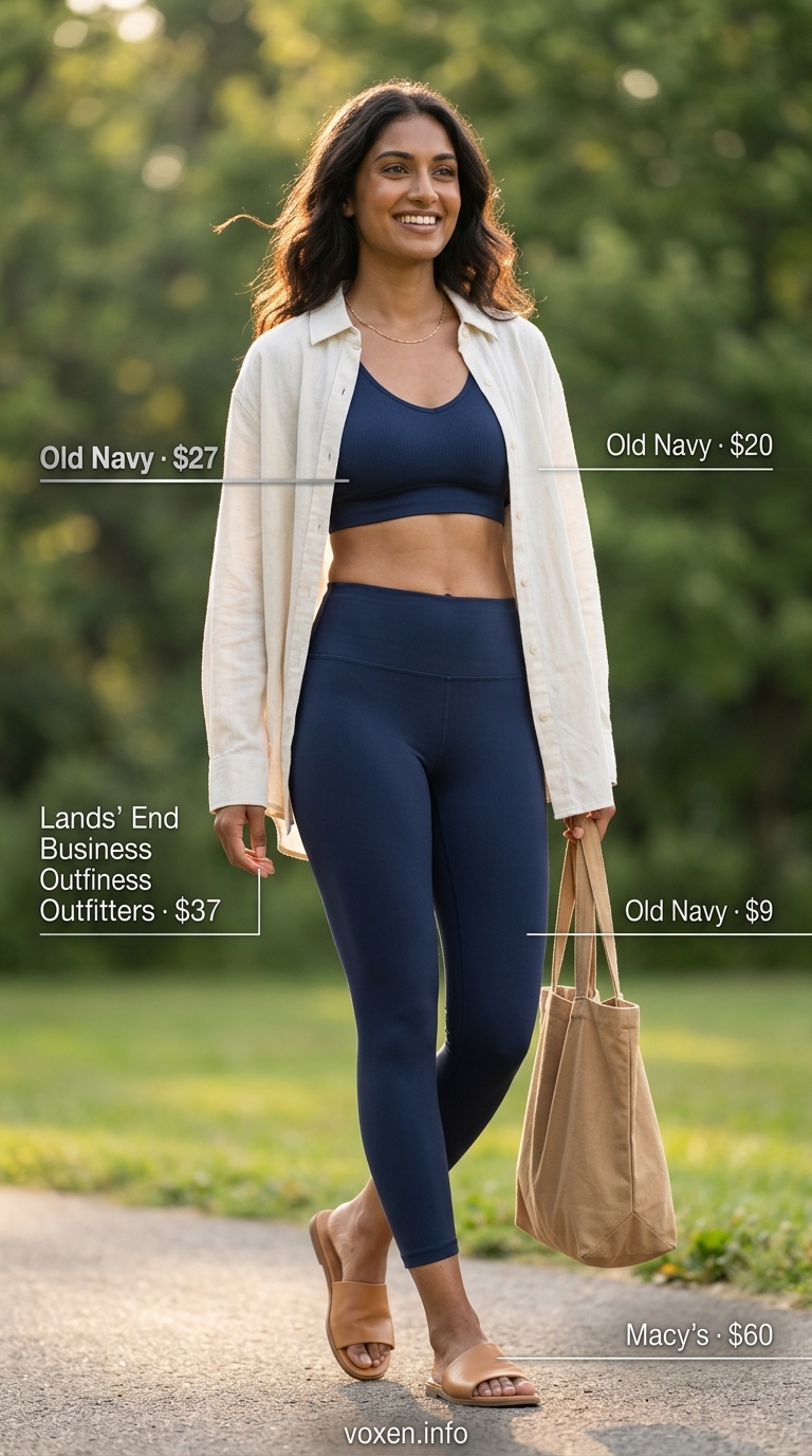 Athleisure legging outfits summer for women 2026: Navy leggings, cream linen shirt, tan slides for beach walk.