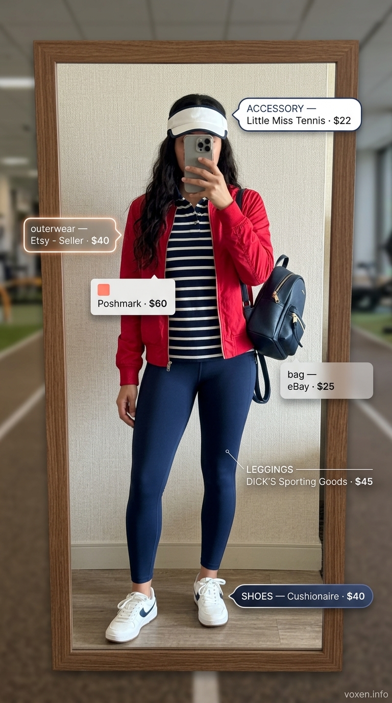 Athleisure legging outfits summer for women 2026: Navy leggings, white polo, bomber jacket for courtside.