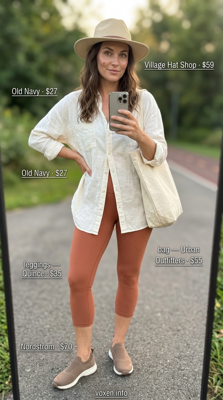 Athleisure legging outfits summer for women 2026: Terracotta capri leggings, ivory linen shirt, straw hat for travel.