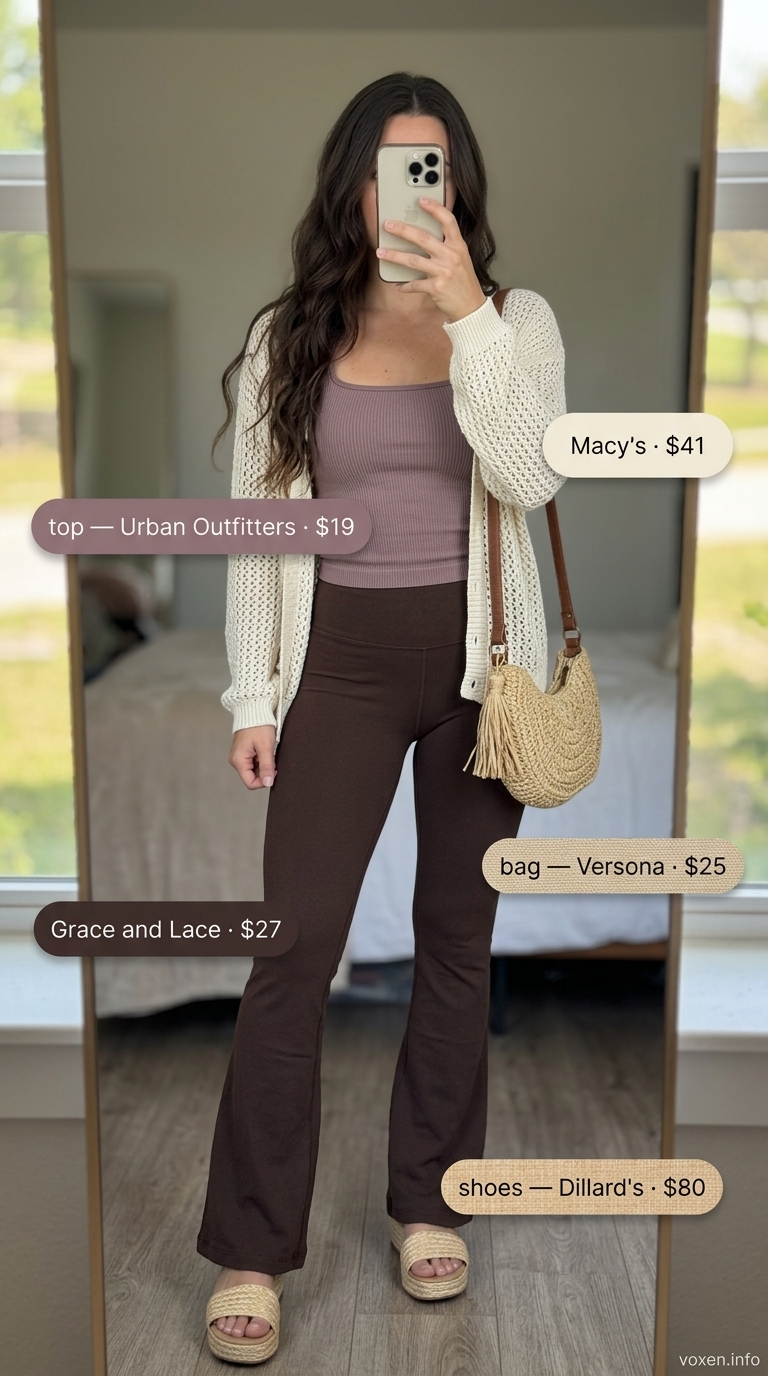 Athleisure legging outfits summer for women 2026: Brown flared leggings, burnt orange tank, straw bag.