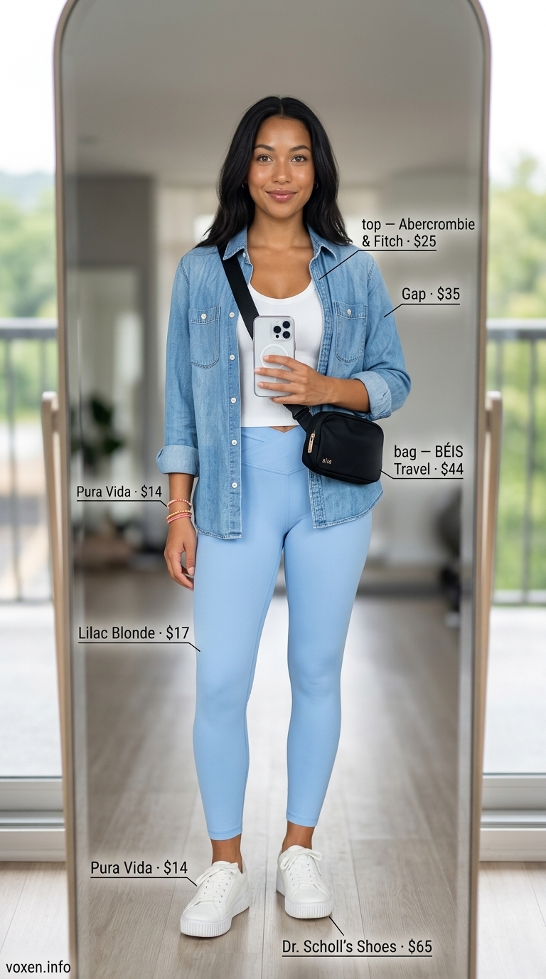 Sky blue crossover leggings, white chunky sneakers for athleisure outfits summer for women 2026.