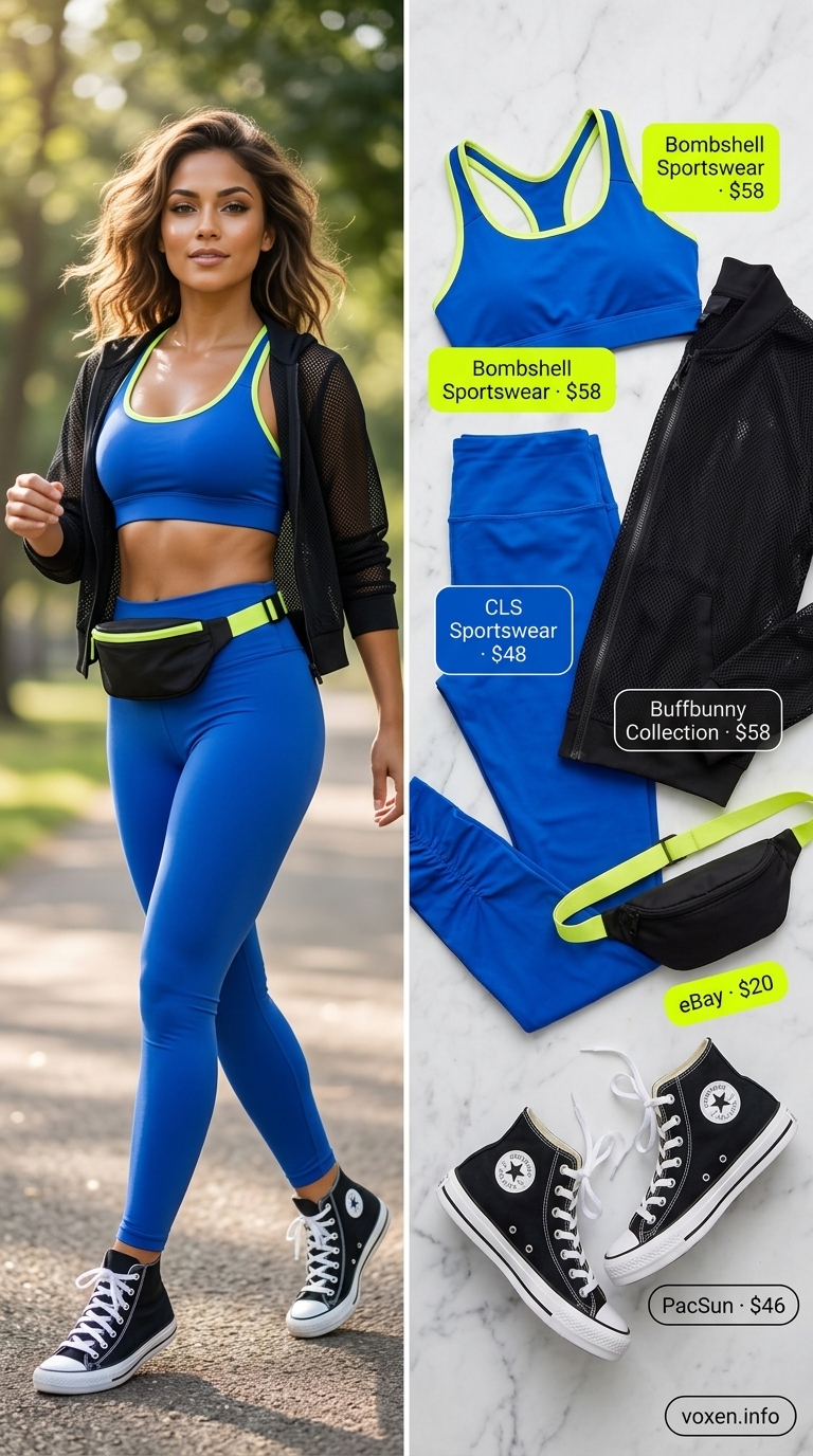 Cobalt blue leggings, neon yellow bra, black mesh jacket for athleisure outfits summer for women 2026.