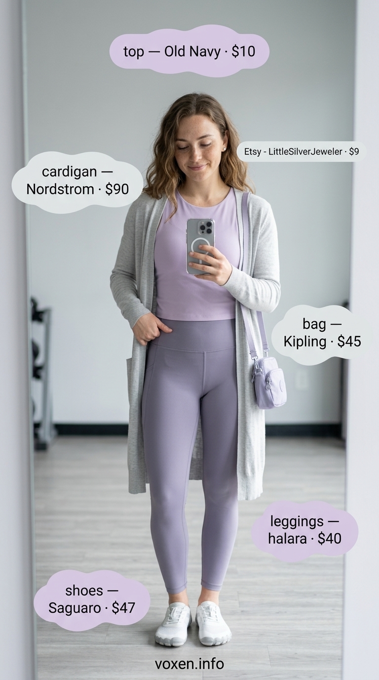Athleisure legging outfits summer for women 2026: Lavender leggings, pale grey tank, white sneakers.