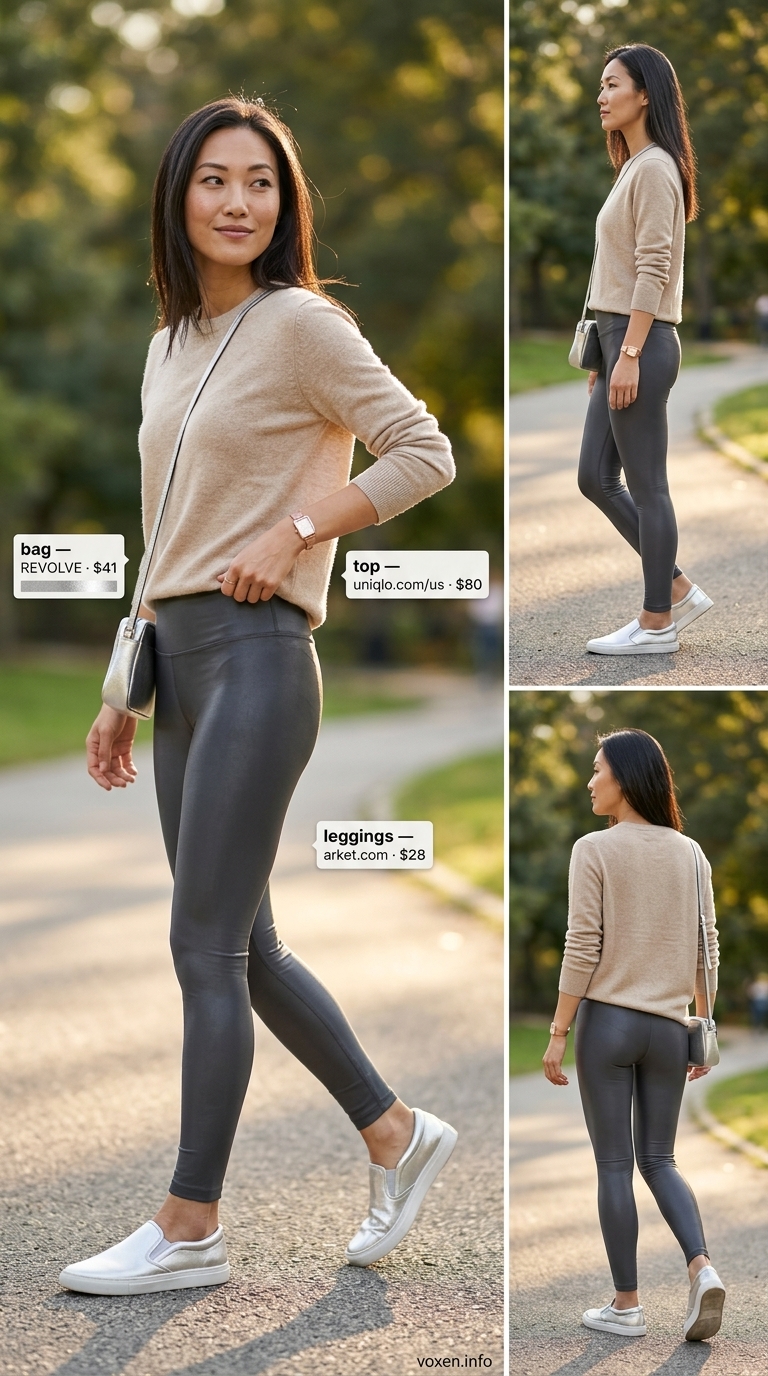 Athleisure legging outfits summer for women 2026: Charcoal liquid leggings, beige cashmere sweater, silver bag.