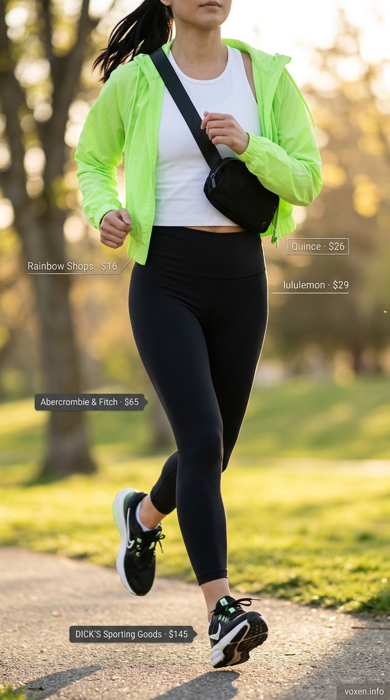 Matte black leggings, neon green jacket, white crop top for athleisure outfits summer for women 2026.