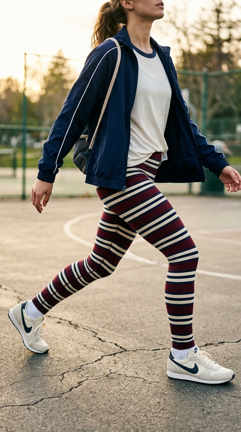 Athleisure legging outfits summer for women 2026: Burgundy leggings, cream ringer tee, navy track jacket.