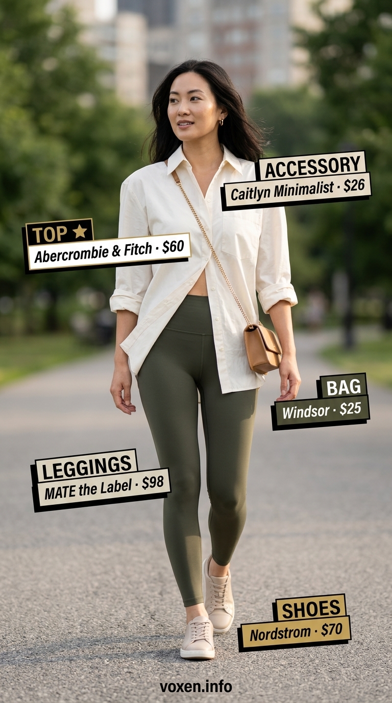 Athleisure legging outfits summer for women 2026: Olive leggings, cream tank, white shirt, gold accessories.