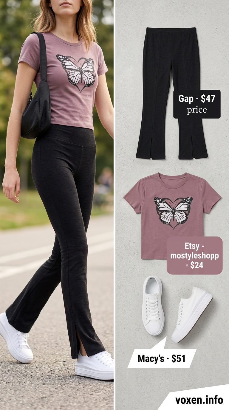 Black flare leggings, pastel pink baby tee, white sneakers for athleisure outfits summer for women 2026.