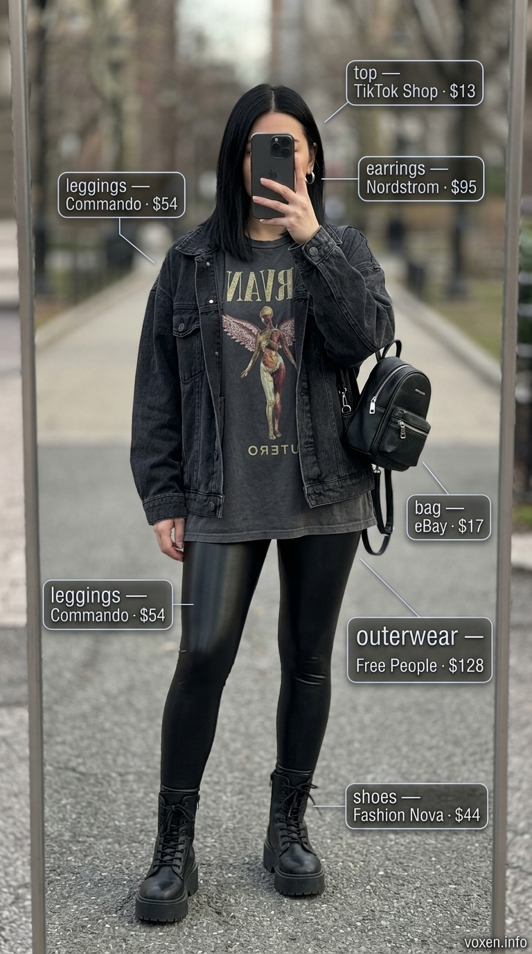 Charcoal grey faux leather leggings, band tee, denim jacket for athleisure outfits summer for women 2026.