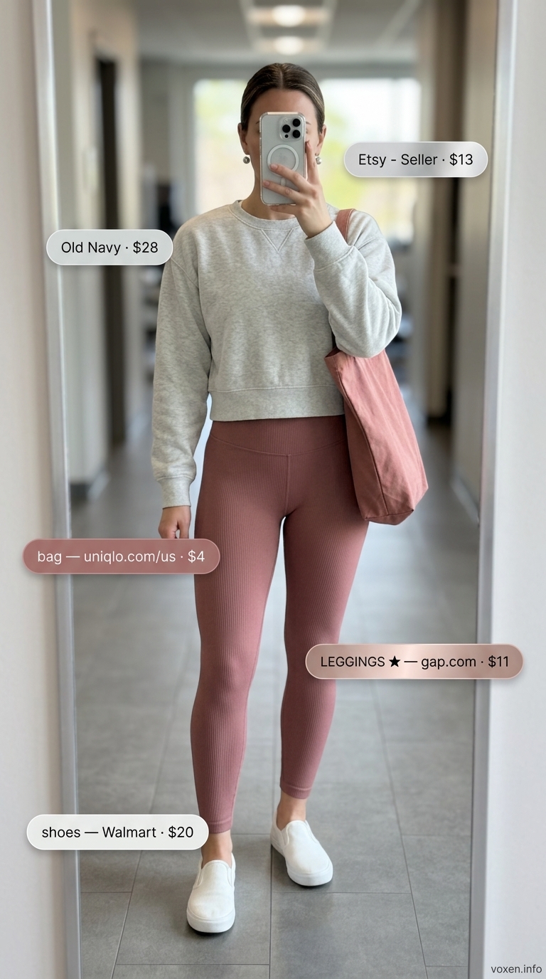 Dusty rose flare leggings, pale grey crop top, white sneakers for athleisure outfits summer for women 2026.
