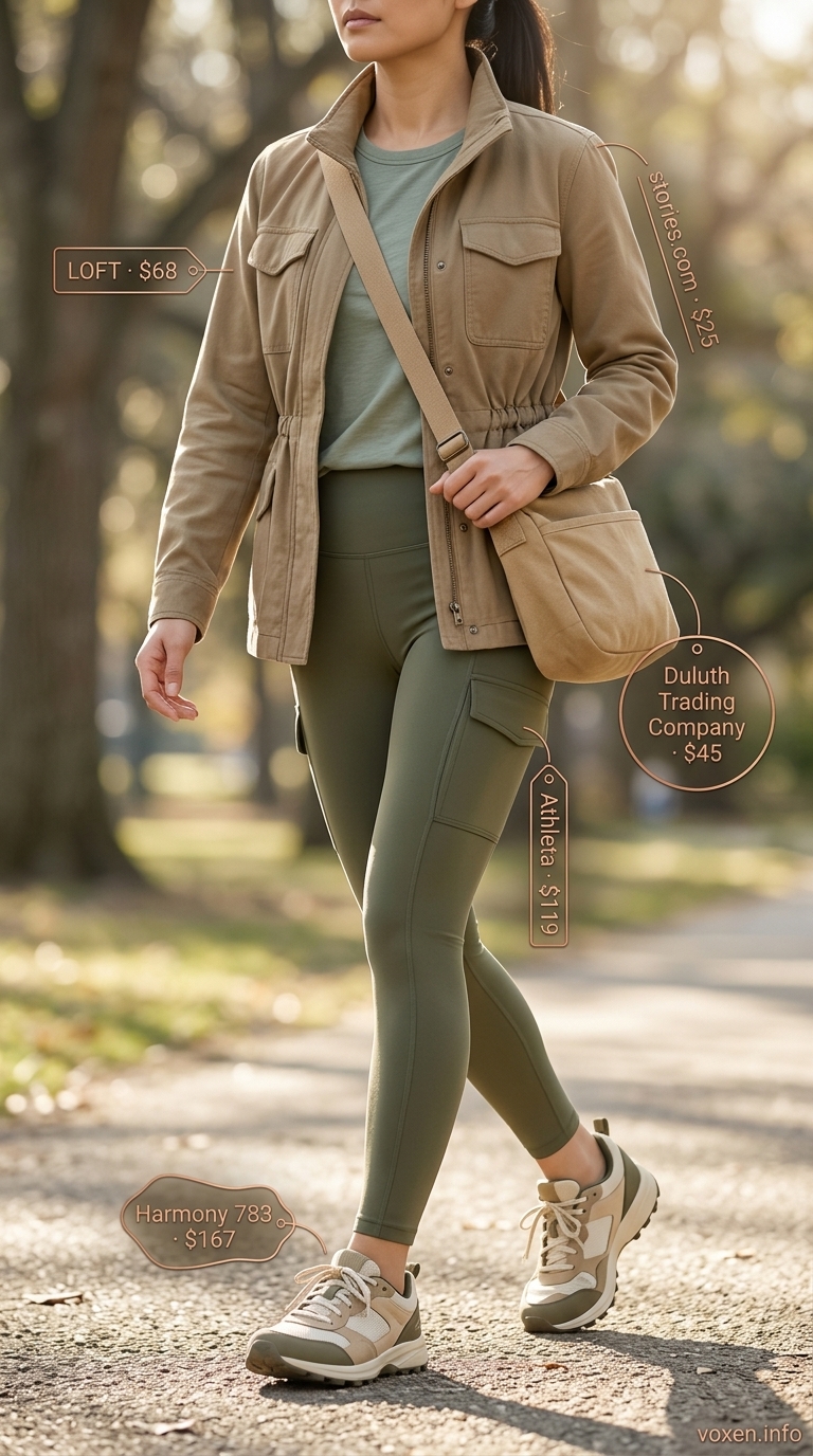 Olive green cargo leggings, cream tee, khaki jacket for athleisure outfits summer for women 2026.