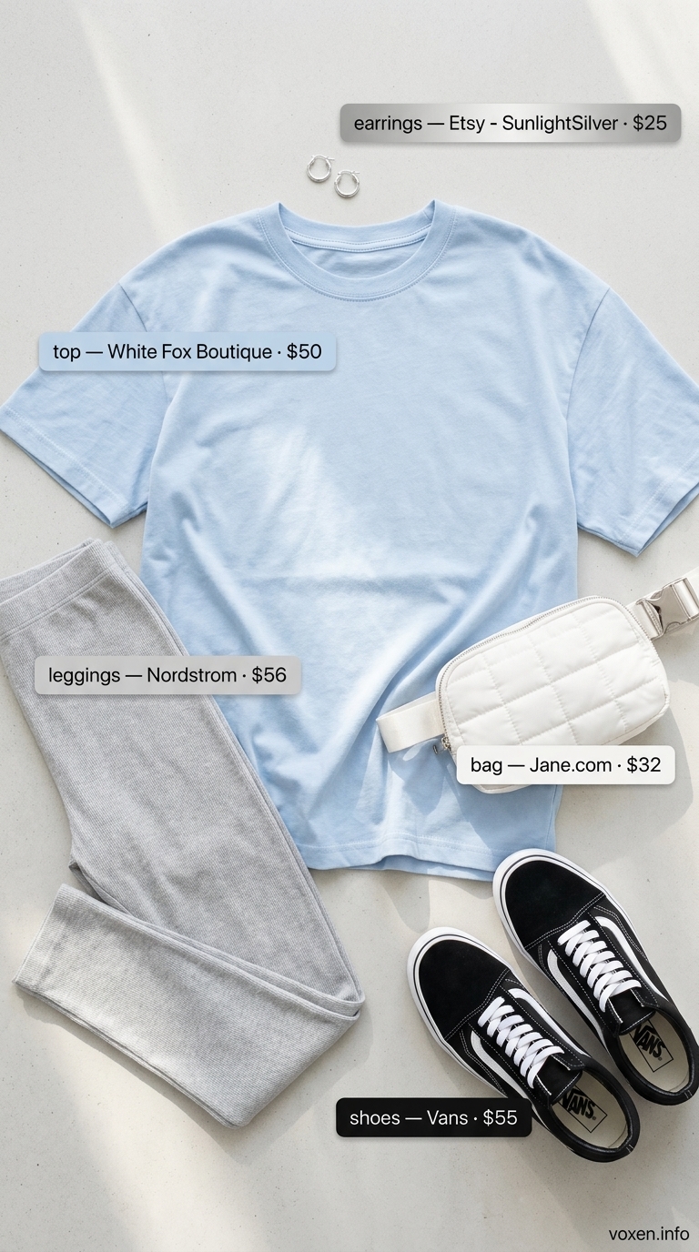 Athleisure legging outfits summer for women 2026: Light grey leggings, pastel blue tee, white sneakers.