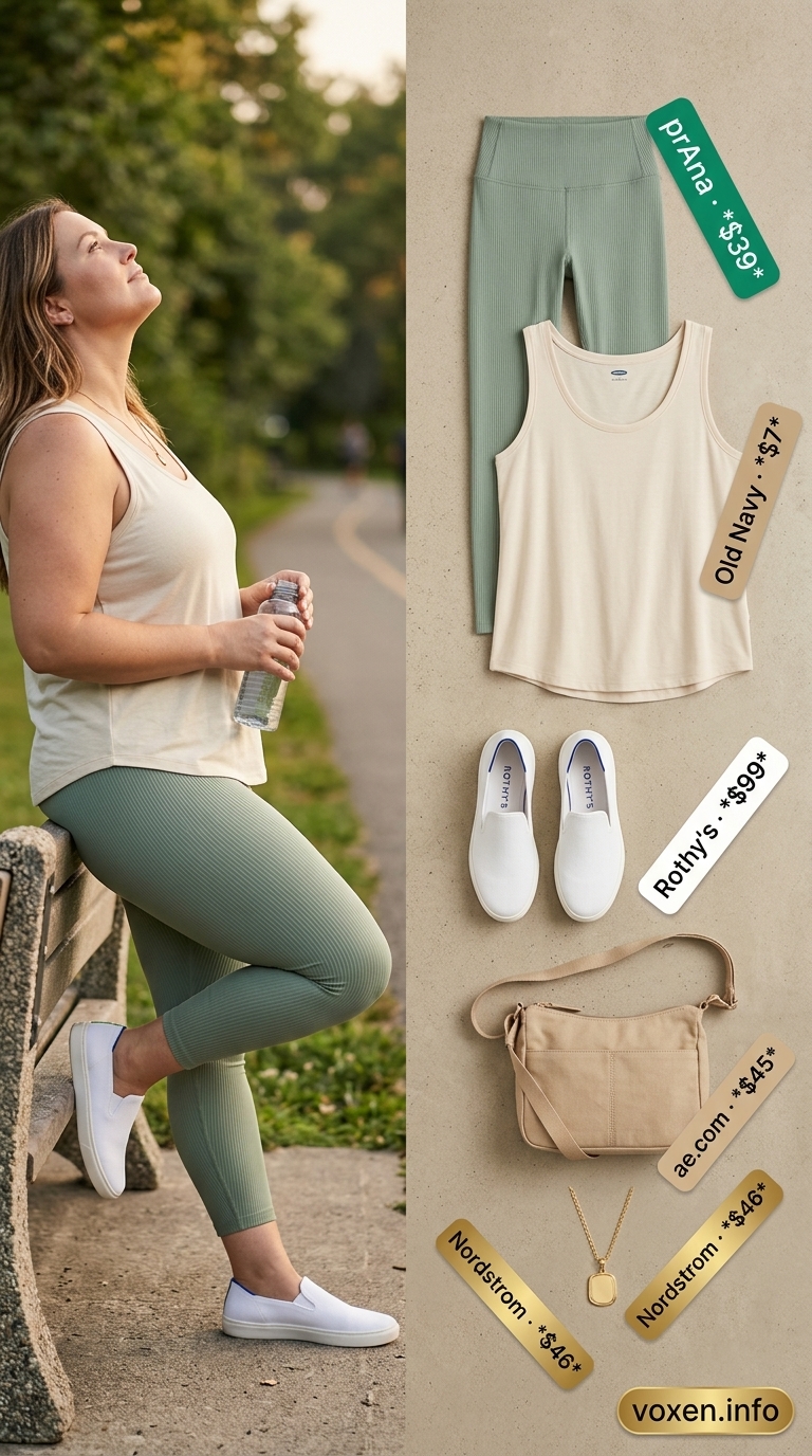 Athleisure legging outfits summer for women 2026: Sage green leggings, cream tank, tan sneakers for yoga.