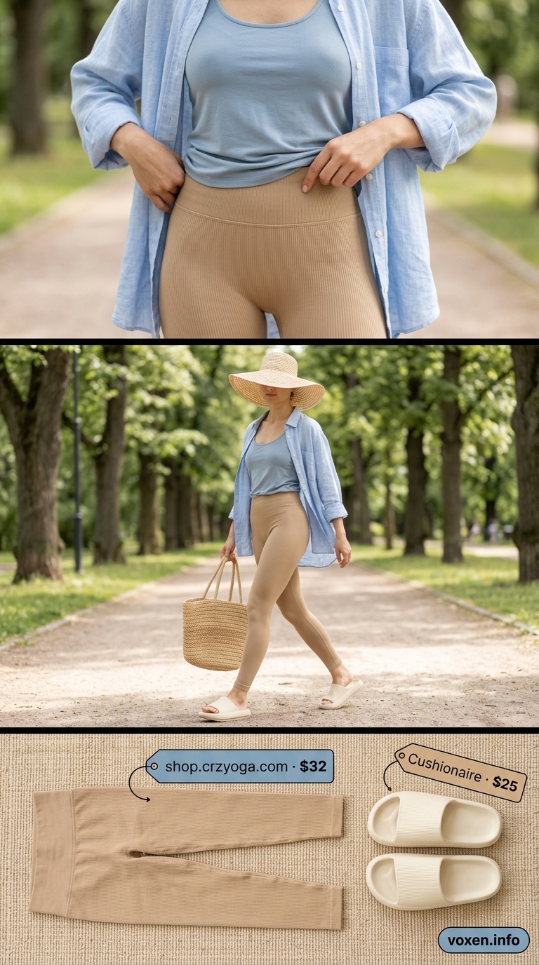 Athleisure legging outfits summer for women 2026: Sand beige leggings, sky blue knit top, white linen shirt cover-up for beach yoga.