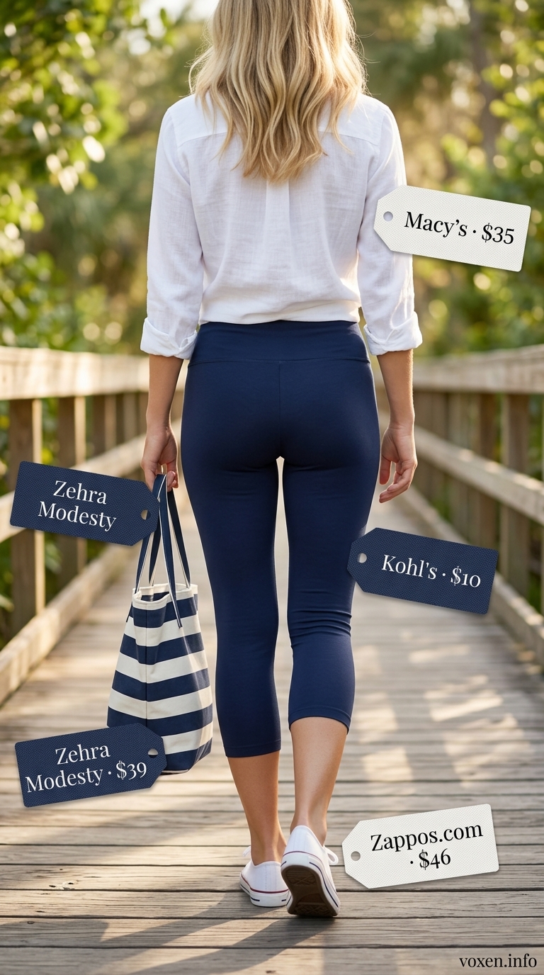 Athleisure legging outfits summer for women 2026: Navy cropped leggings, white linen shirt, striped tote for coastal walks.