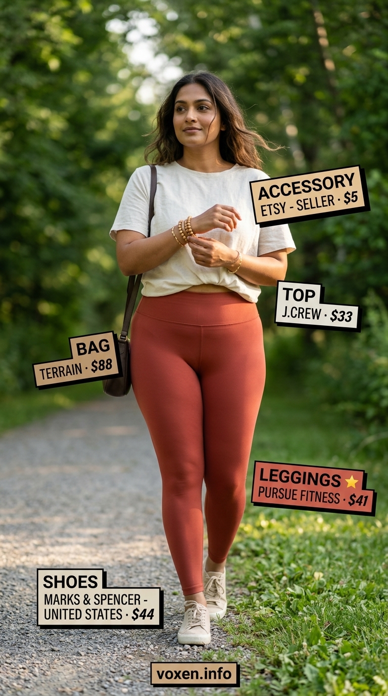 Athleisure legging outfits summer for women 2026: Warm clay red leggings, ecru tee, straw bag for outdoor yoga.