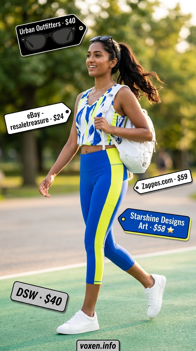 Athleisure legging outfits summer for women 2026: Royal blue leggings, neon yellow accents, graphic tee for festivals.