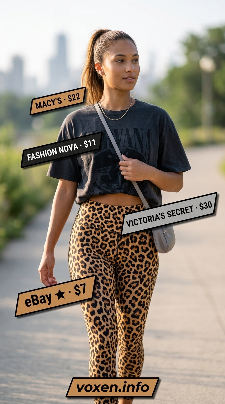 Athleisure legging outfits summer for women 2026: Leopard print leggings, black oversized tee, hot pink bag for street style.