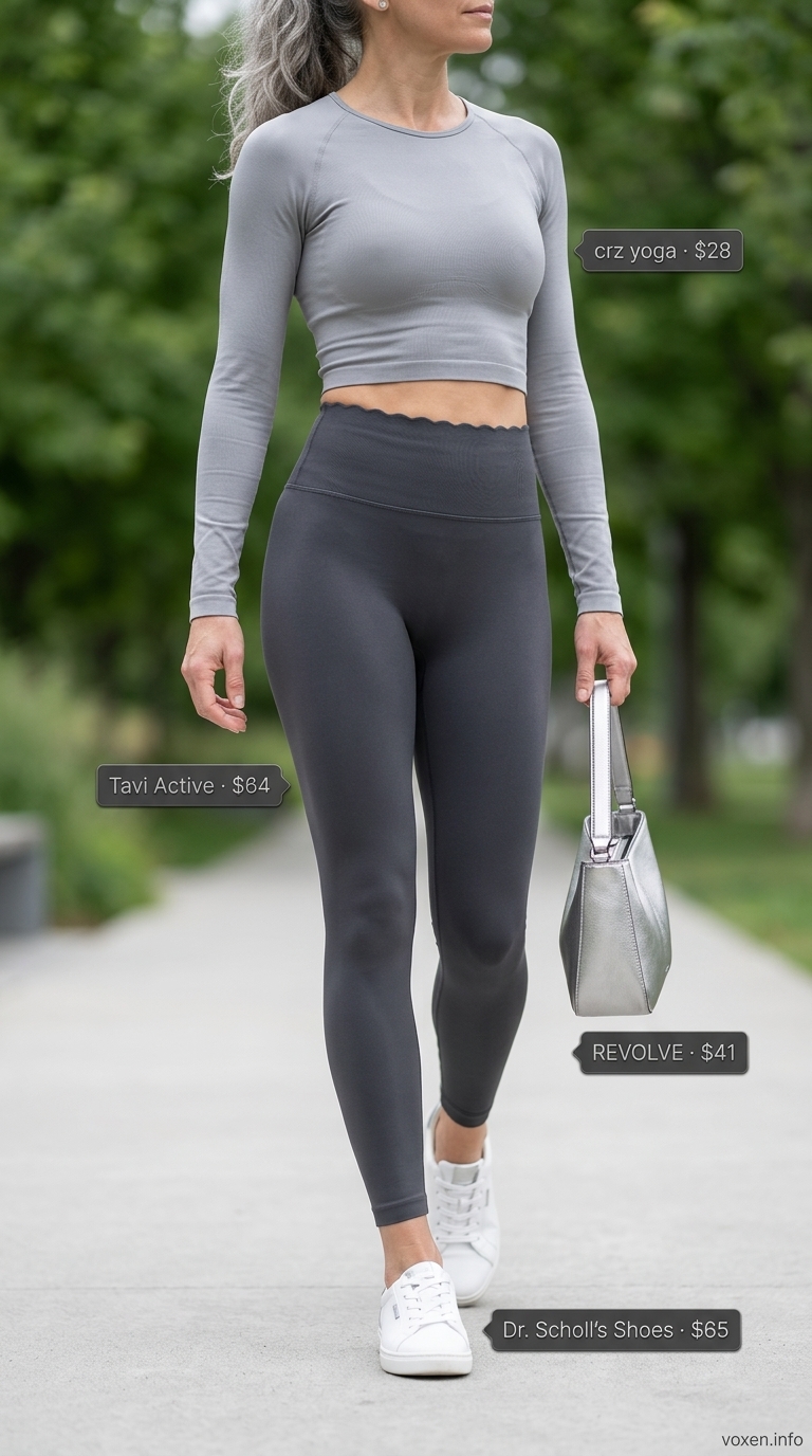 Athleisure legging outfits summer for women 2026: Charcoal grey leggings, light grey crop top, silver bag for coffee run.