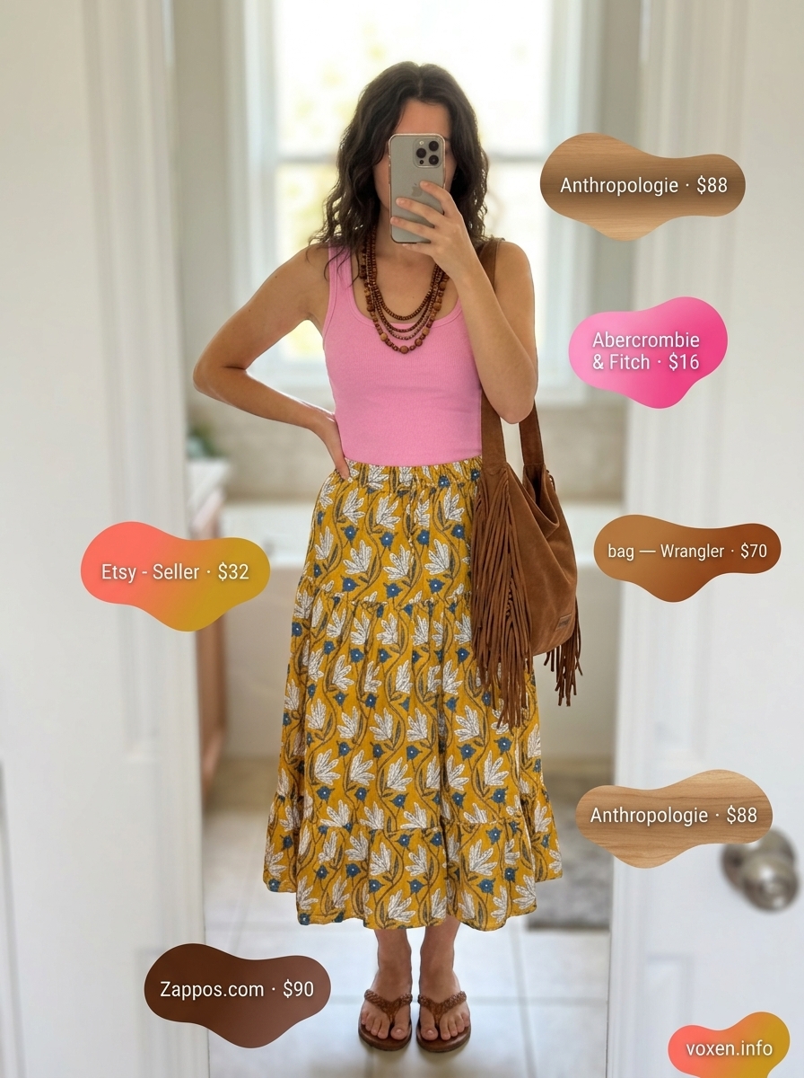 Bohemian floral maxi skirt with a cream tank top for festivals and beach vacations. Discover summer sleeveless tops for women 2026.