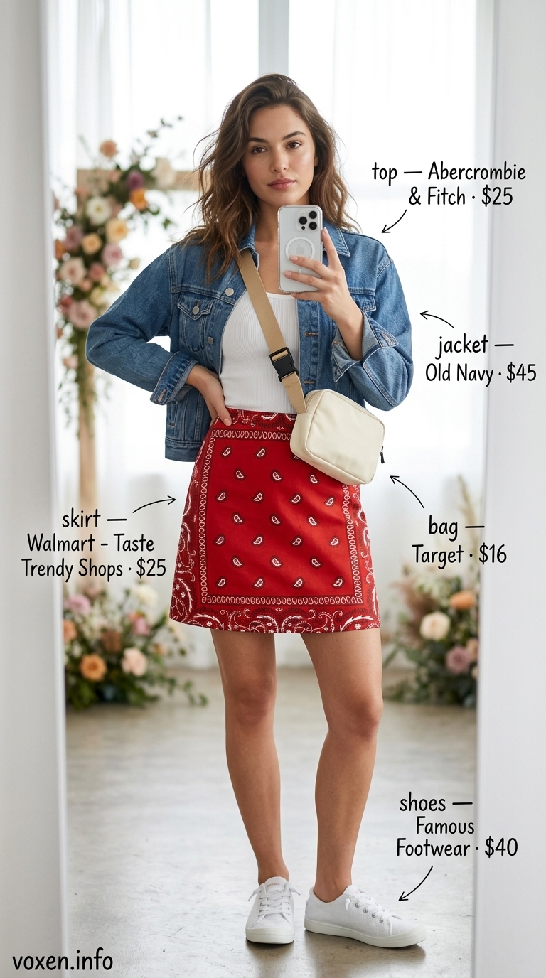 Boho summer festival outfits for women 2026: Bandana print skirt, white tank, denim jacket, and sneakers.