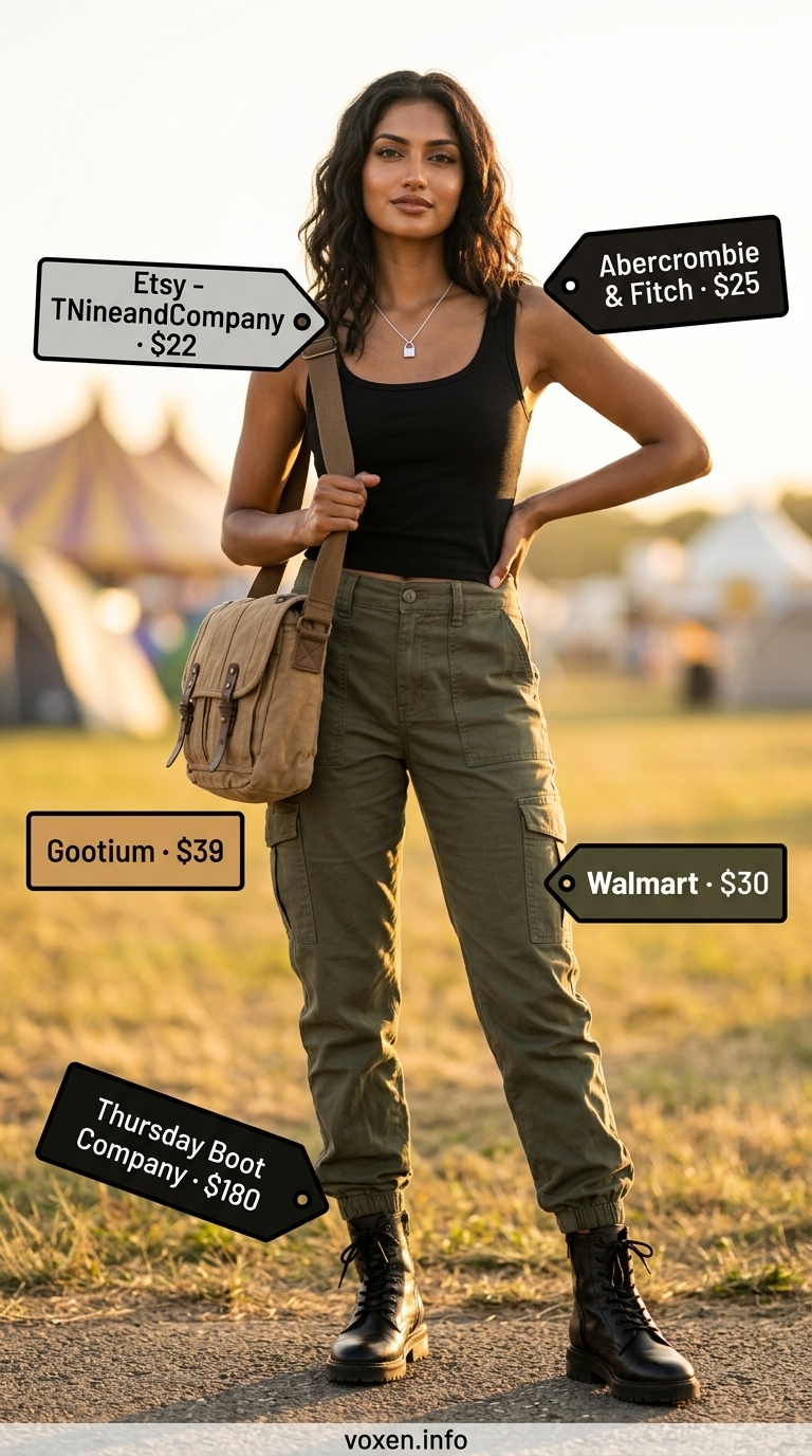 Boho summer festival outfits for women 2026: Cargo pants, ribbed tank, combat boots, and crossbody bag for rugged style.