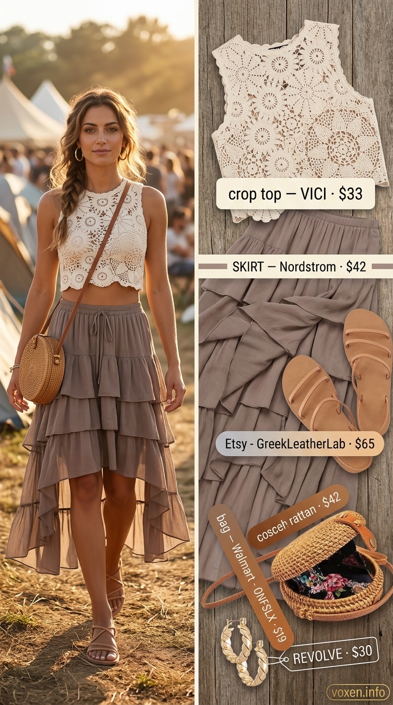 Boho summer festival outfits for women 2026: Cream crochet crop top with flowy maxi skirt & straw bag.