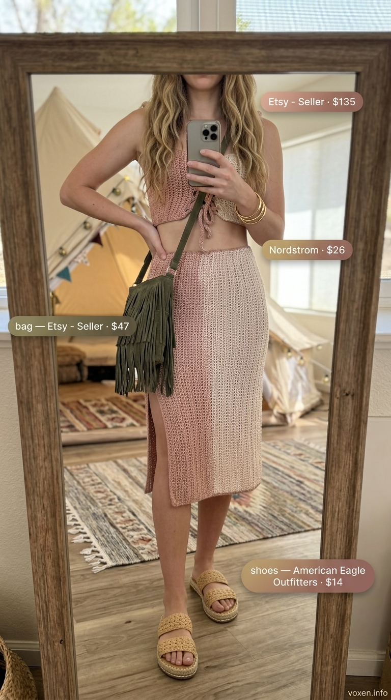 Boho summer festival outfits for women 2026: Earthy brown crochet bralette & midi skirt set with espadrilles.