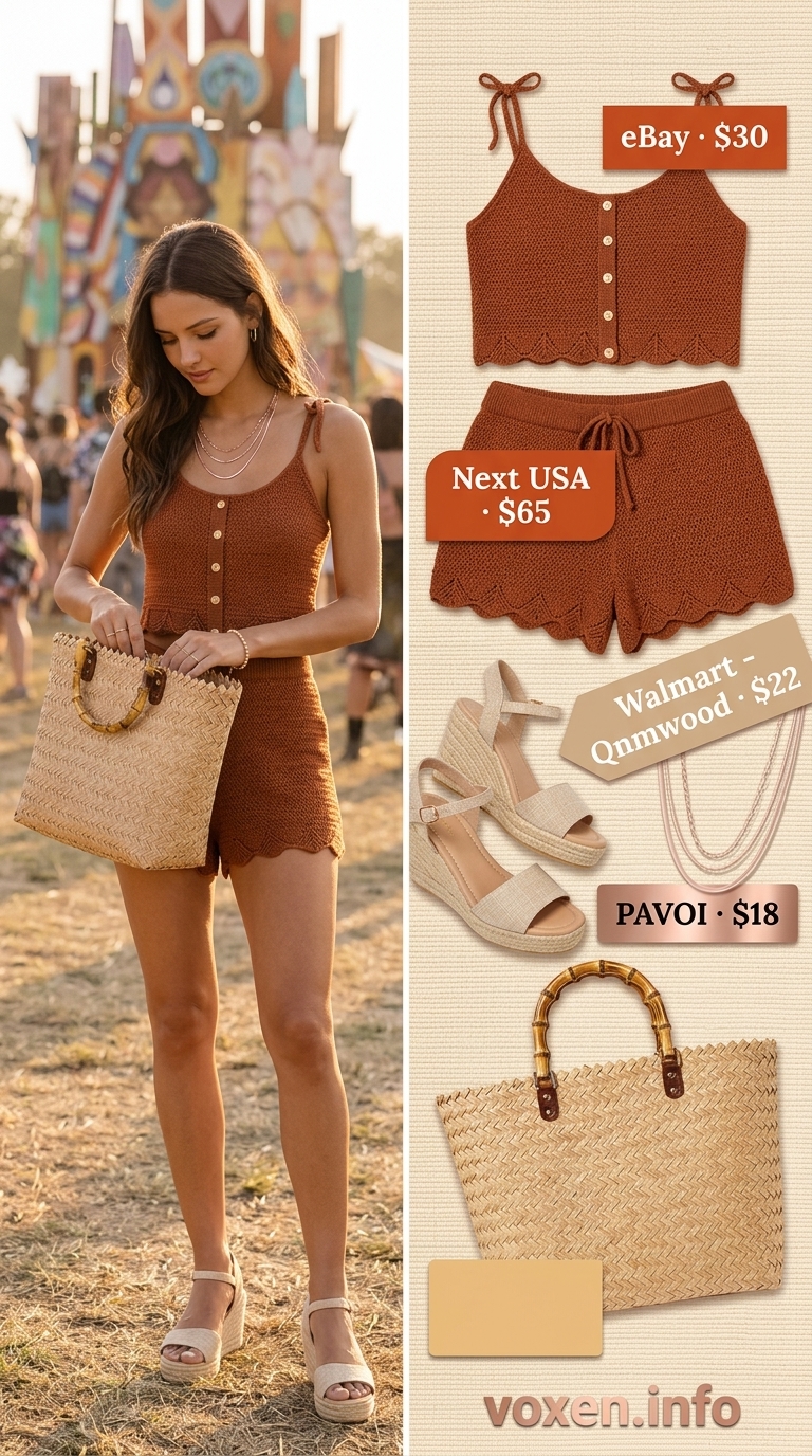 Boho summer festival outfits for women 2026: Crochet shorts set, espadrille sandals, and straw tote.