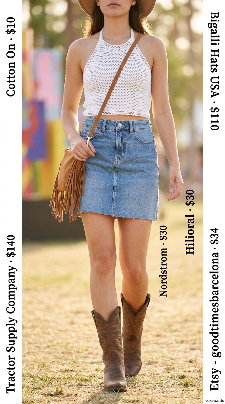Boho summer festival outfits for women 2026: Denim mini skirt, crochet top, and cowboy boots.