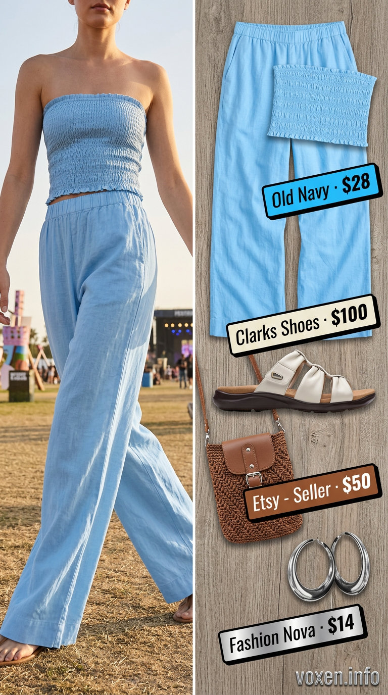 Boho summer festival outfits for women 2026: Denim linen pants, cream tunic top, and raffia bag.