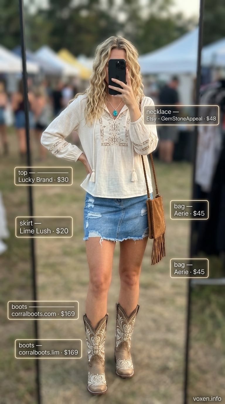 Boho summer festival outfits for women 2026: Distressed denim mini skirt, floral peasant blouse & cowboy boots.
