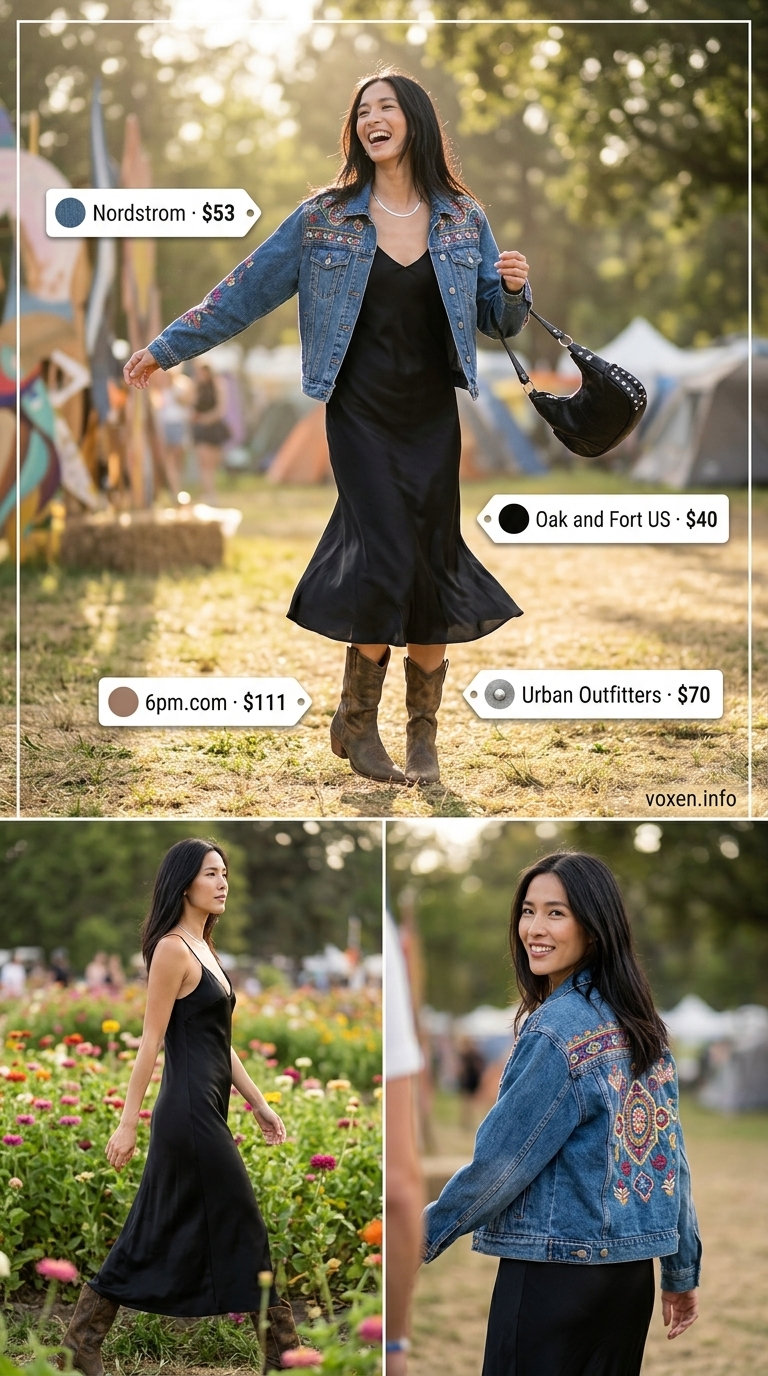 Boho summer festival outfits for women 2026: Embroidered denim jacket over satin slip dress with leather boots.
