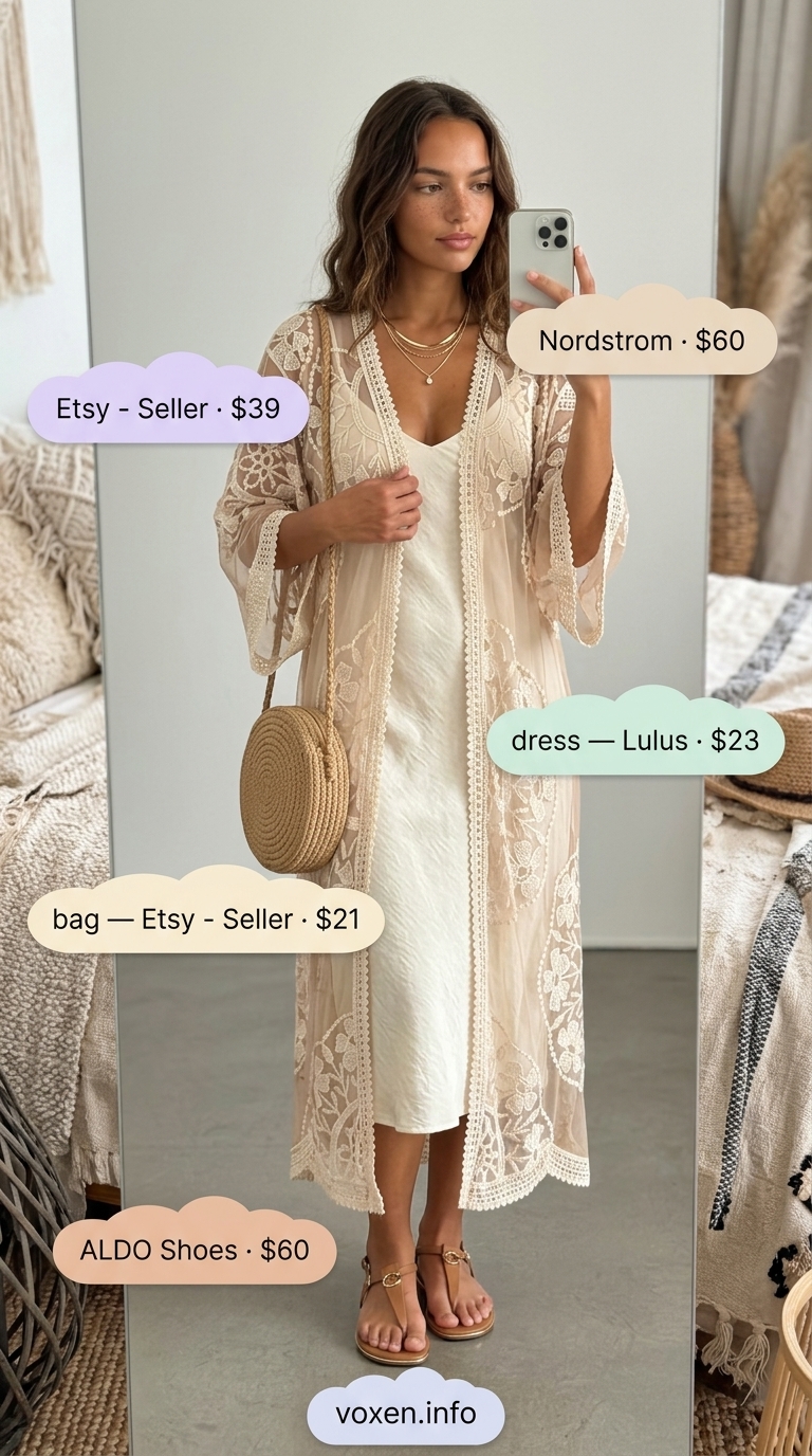 Boho summer festival outfits for women 2026: Embroidered cream kimono over slip dress with straw bag.