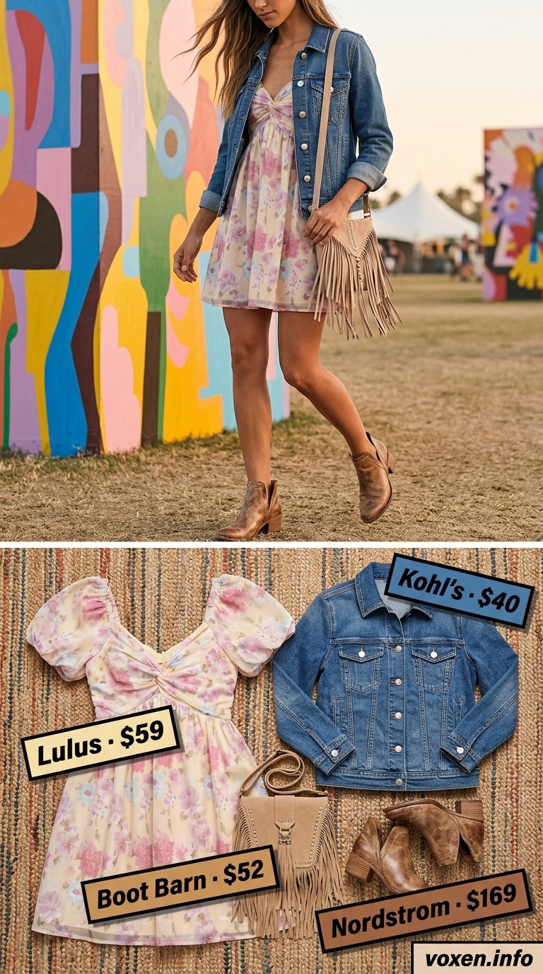 Boho summer festival outfits for women 2026: Floral mini dress, denim jacket, leather boots, and fringe bag.