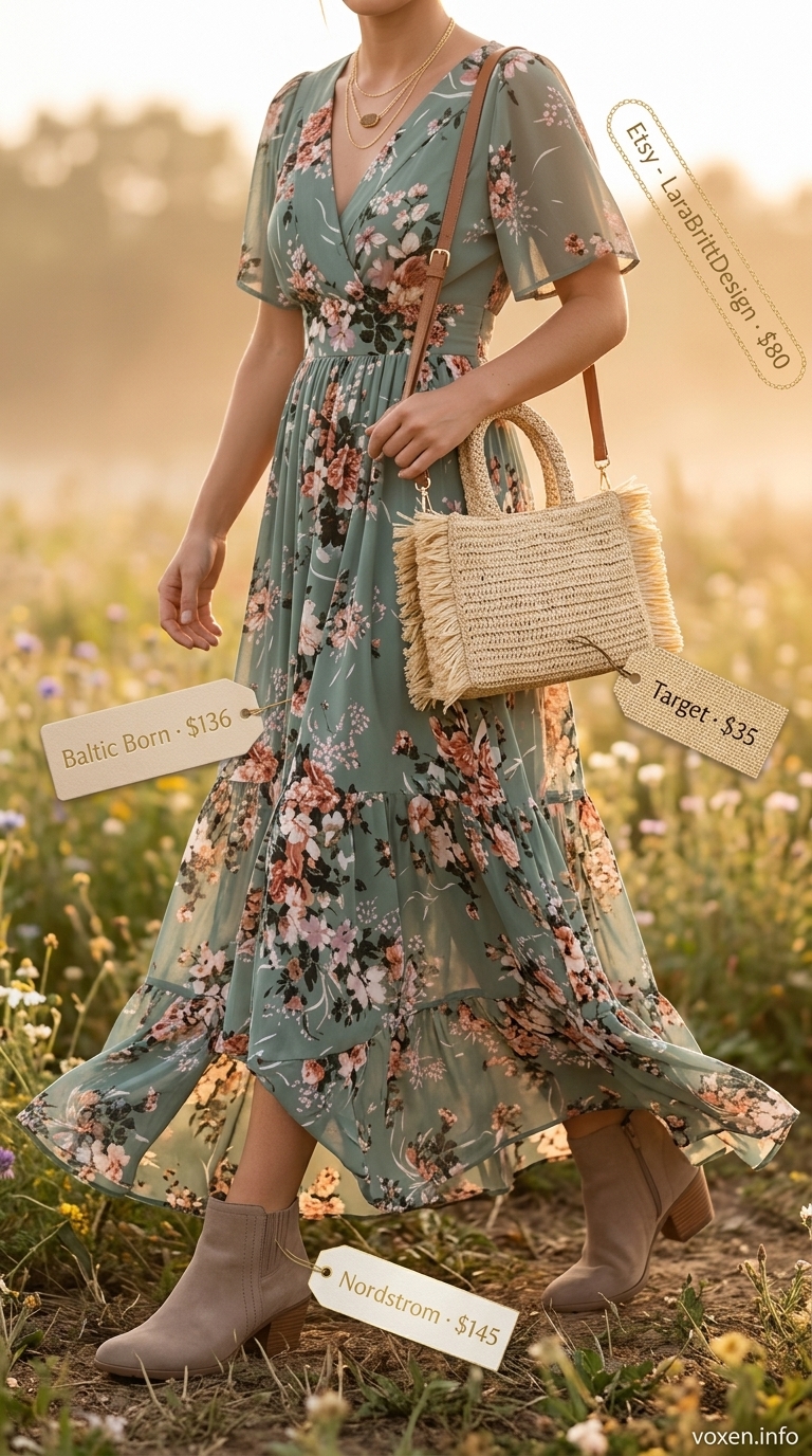 Boho summer festival outfits for women 2026: Floral maxi dress, suede boots, and woven bag.