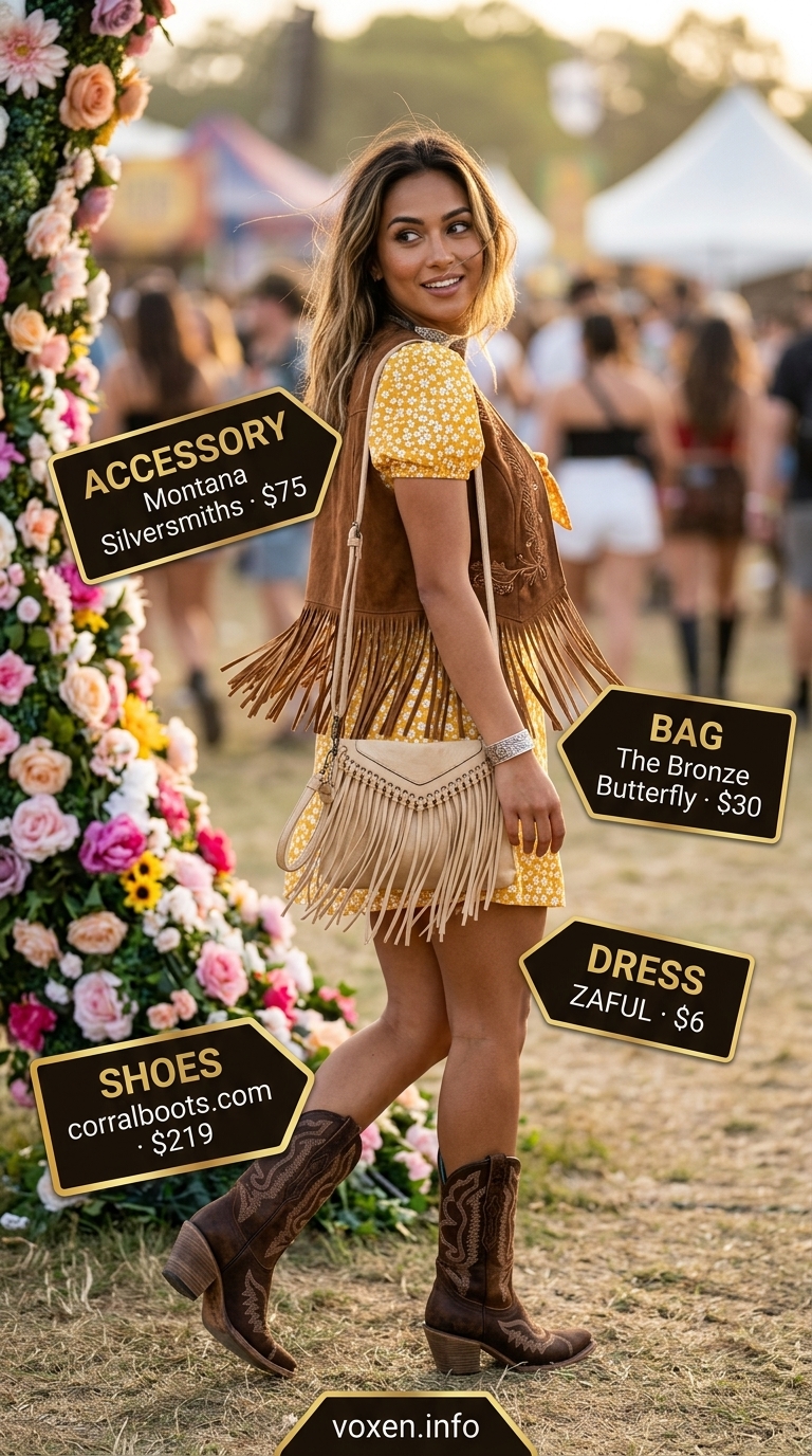 Boho summer festival outfits for women 2026: Floral mini dress, fringe vest, and ankle boots.