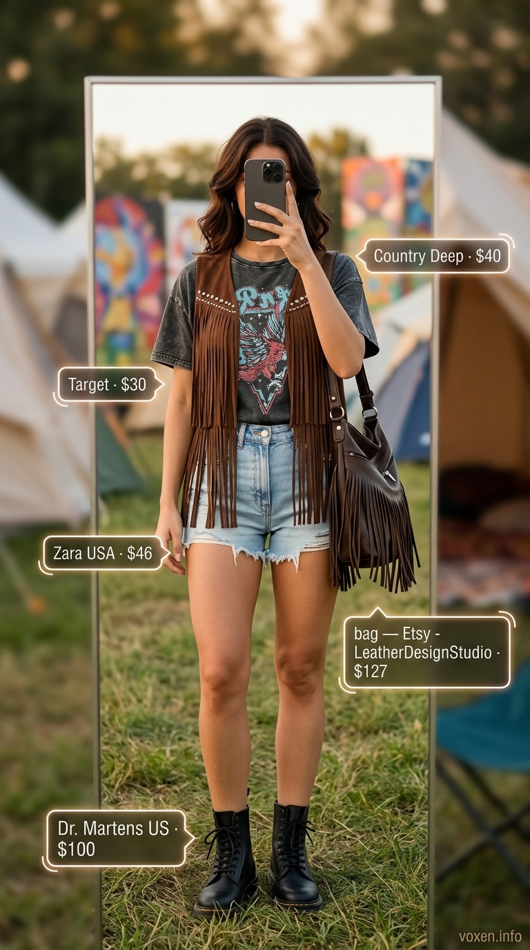 Boho summer festival outfits for women 2026: Fringe vest, graphic tee, denim shorts, combat boots, and fringe bag.