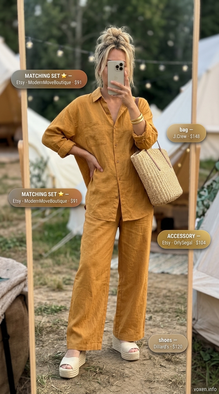 Boho summer festival outfits for women 2026: Golden ochre linen set, straw tote, and espadrille wedges.
