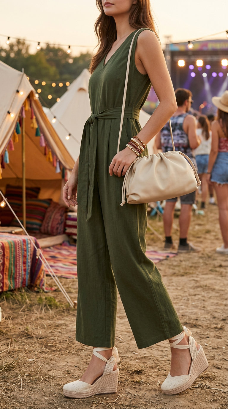 Boho summer festival outfits for women 2026: Olive green linen jumpsuit with espadrille wedges & wooden bracelet.