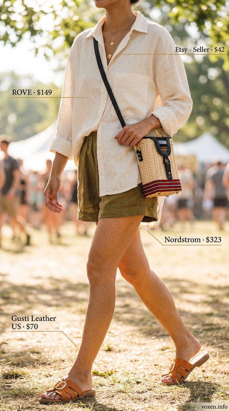 Boho summer festival outfits for women 2026: Linen shorts set, slide sandals, straw crossbody, and delicate gold necklaces.